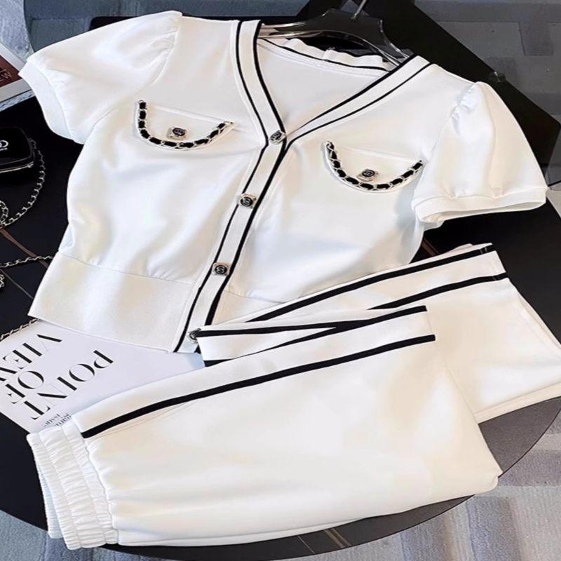 Fashion Suit Women's Summer Salt Based Age Reducing Cardigan Short Sleeved Casual Wide Leg Pants Two-piece Set