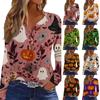 Damen Casual V-Ausschnitt Langarm T-Shirt mit dekorativen Knöpfen und Halloween-Thema Aufdruck für den täglichen Gebrauch