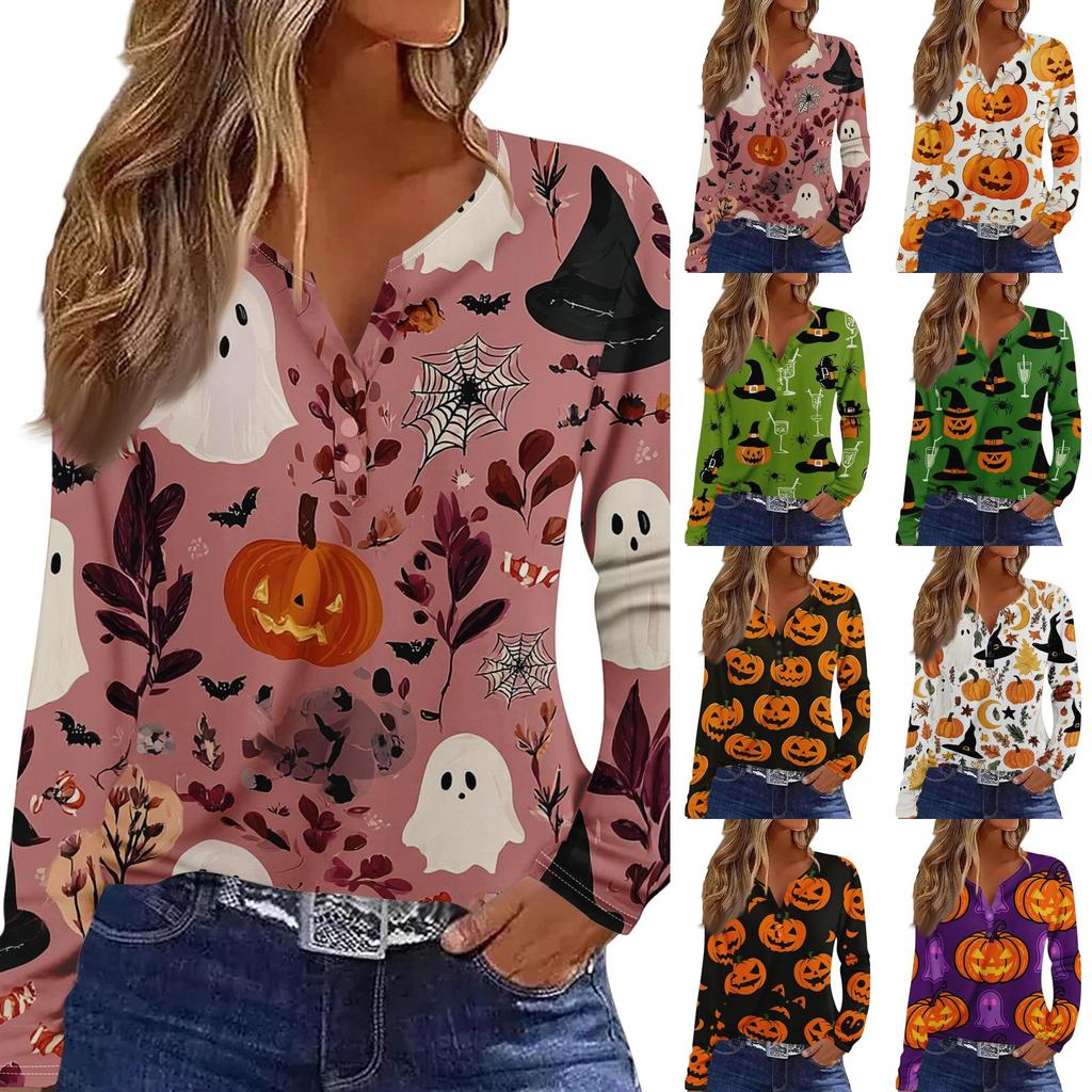 Damen Casual V-Ausschnitt Langarm T-Shirt mit dekorativen Knöpfen und Halloween-Thema Aufdruck für den täglichen Gebrauch