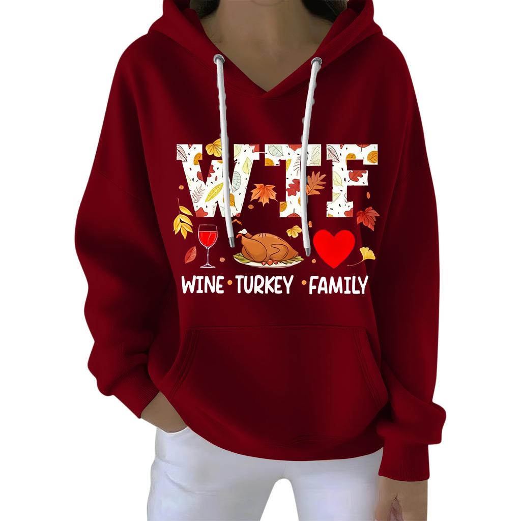Women's Loose Comfort Drawstring V-Neck Long Sleeve Thanksgiving Print Hoodie