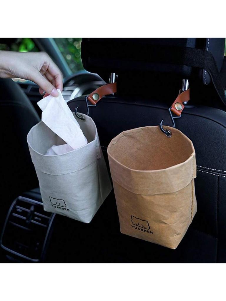 Waterproof Hanging Car Trash Can Kraft Paper Desktop Storage Basket Cutlery Organizer Bag
