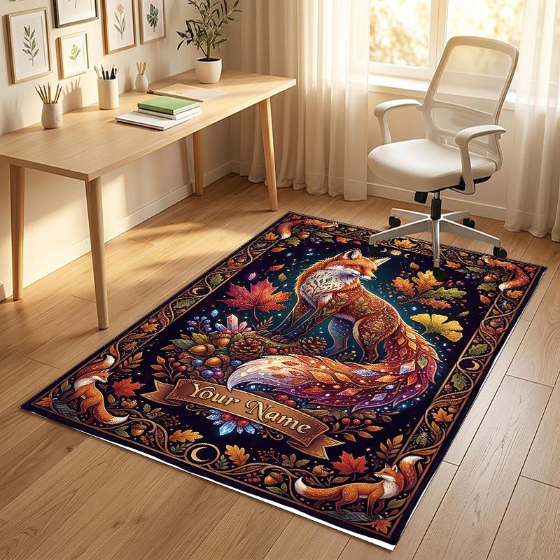 Autumn Fox Theme Soft Crystal Velvet Rug Custom Name & Text Print Non Slip Floor Rug for Bedroom Living Room