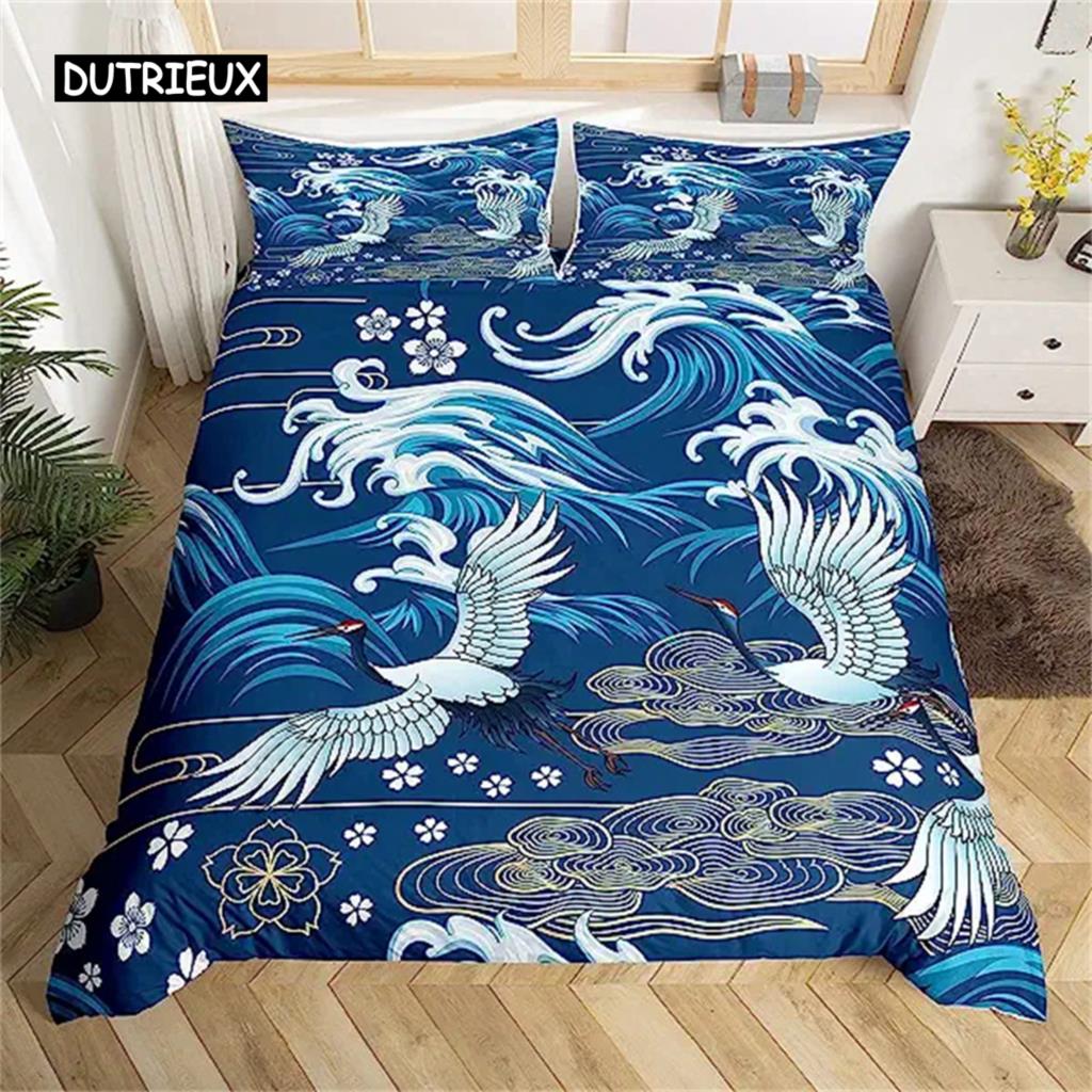 Duvet Cover Japanese Style Sea Ocean Waves Nautical Hand Drawn Japanese Style Cover Illustration Ukiyoe Themed Decor Blue Cream