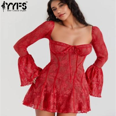 Women's Fashion Spring Fall Solid Color Print Long Sleeve Square Collar High Waist Casual Dresses