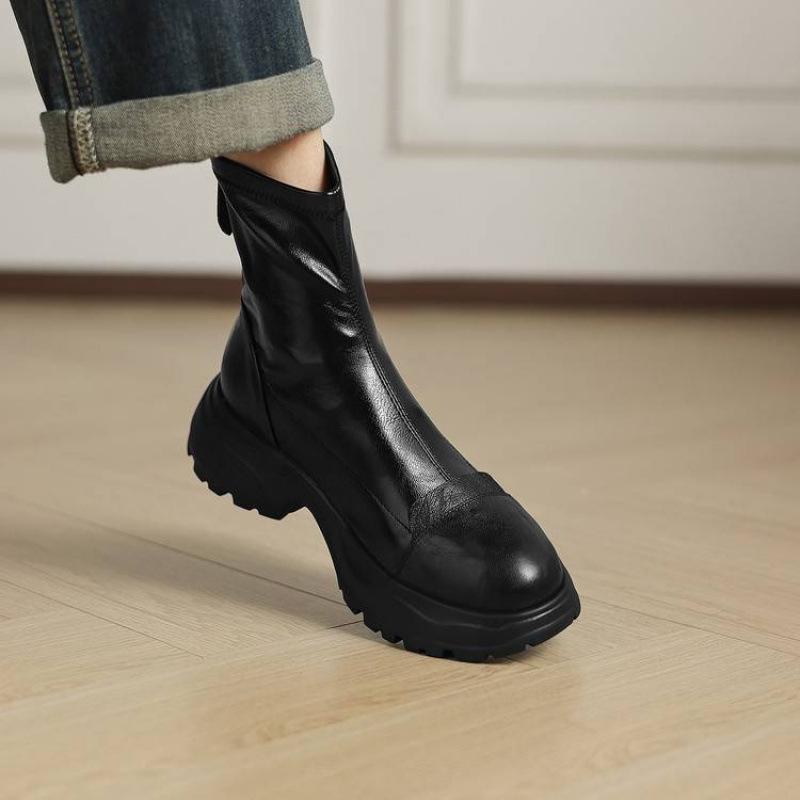 Autumn and winter women's leather boots solid color medium heel round head versatile large size women's boots genuine leather medium boots sheepskin 