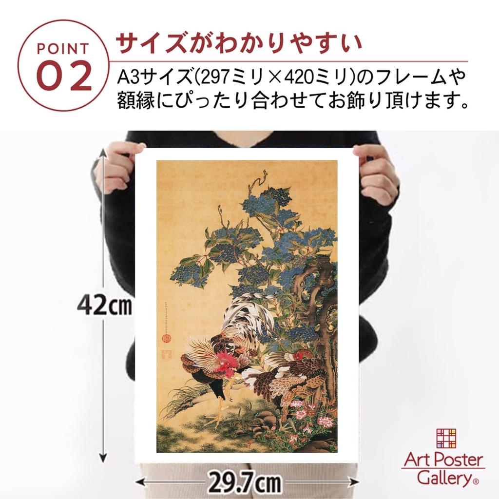 Poster: Ito Jakuchu "Hydrangea and Two Roosters" A3 Size [Made In Japan] [Interior Wallpaper] Painting Art Wallpaper Poster
