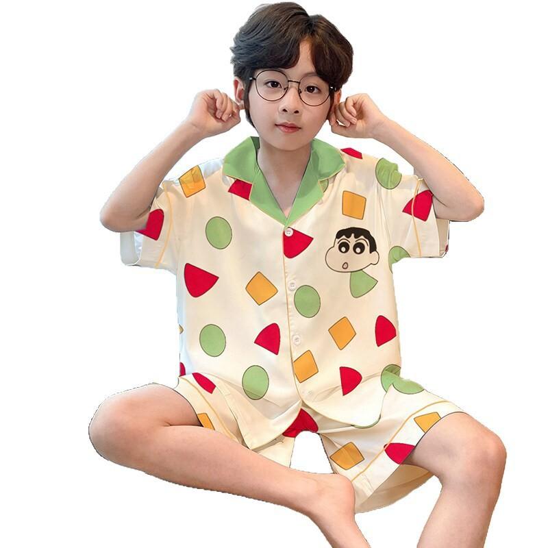 Boys Ice Silk Pajama Set Short Sleeve Sleepwear Kids Teens 8 Years Lightweight Breathable Home Wear
