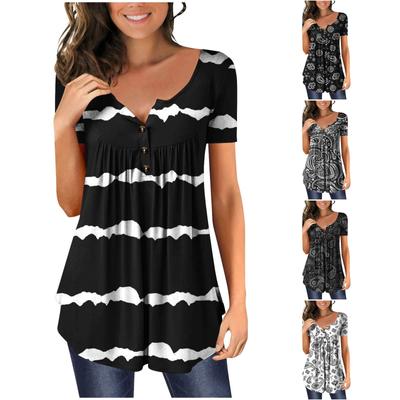 Women's V-neck Floral Print Button Flower Short Sleeve T-shirt Top