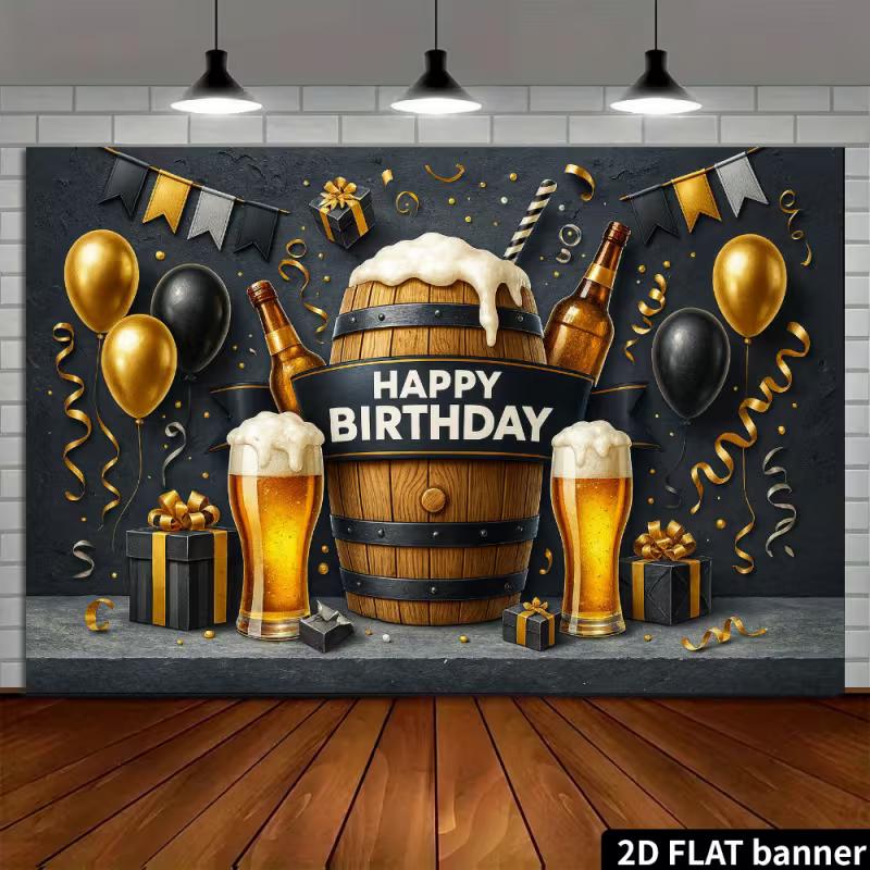 2D Beer Lover Birthday Backdrop - Rustic Barrel & Gift Box Banner for Adult Mens Birthday Party Photoshoot