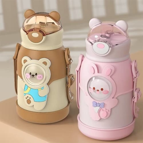 Godfun Children's 500ml Vacuum Insulated Thermos with Straw, 316 Stainless Steel, One-Touch Straw, Strap, Cute Anime Design, Portable, Perfect for Stu