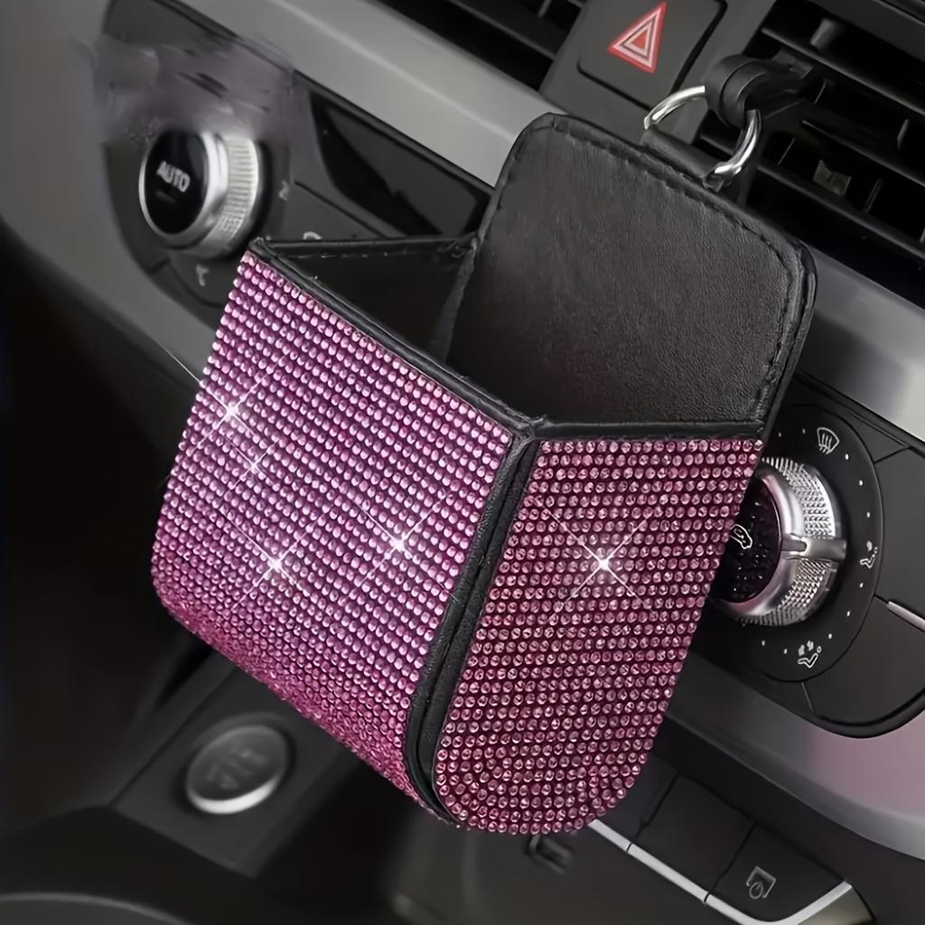 1pc Bling Car Air Vent Storage Bag, Faux Leather Rhinestone Organizer, Vehicle Cup Holder Accessory, Universal Fit, Sparkling Auto Interior Decor