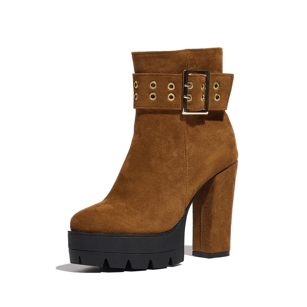 

Autumn and winter supply fashionable thick-soled high-heeled large-size belt buckle low-tube Martin boots 39 коричневый