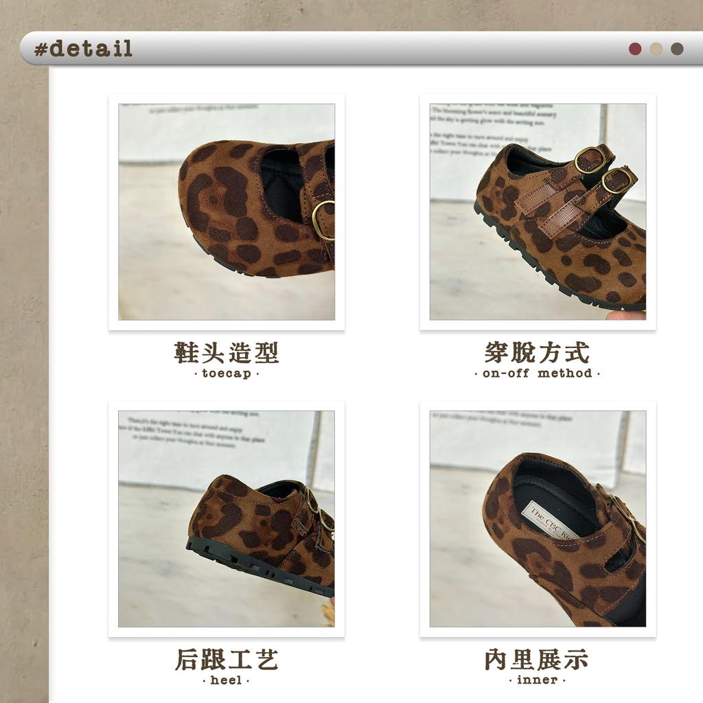 XSHX Leopard Print Girl Mary Jane Velcro Design Rubber Sole Retro Versatile Autumn New Wide Show Toe Head Princess