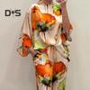 2 Pcs/Set Women Top Pants Set Bright Color Floral Print Three Quarter Bat Sleeves O Neck T-shirt Wide Leg Deep Crotch Elastic Waist Loose Casual