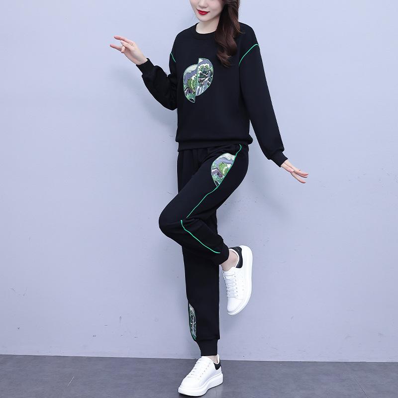Large Size Fashion New Chinese Style National Style Suit Women's Autumn Casual Embroidery Disc Button Sweater Two-piece Suit