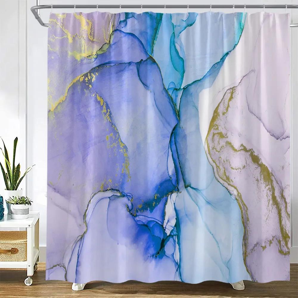 Abstract Marble Shower Curtains Creative Geometric Design Blue Purple Watercolor Print Bath Curtain Modern Fabric Bathroom Decor