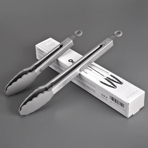 Hotec Tongs, Stainless Steel Kitchen Tongs with Silicone, for BBQs and Grills, Heat-Resistant, Antibacterial, Lockable Storage, Set of 2 (Gray), 23cm