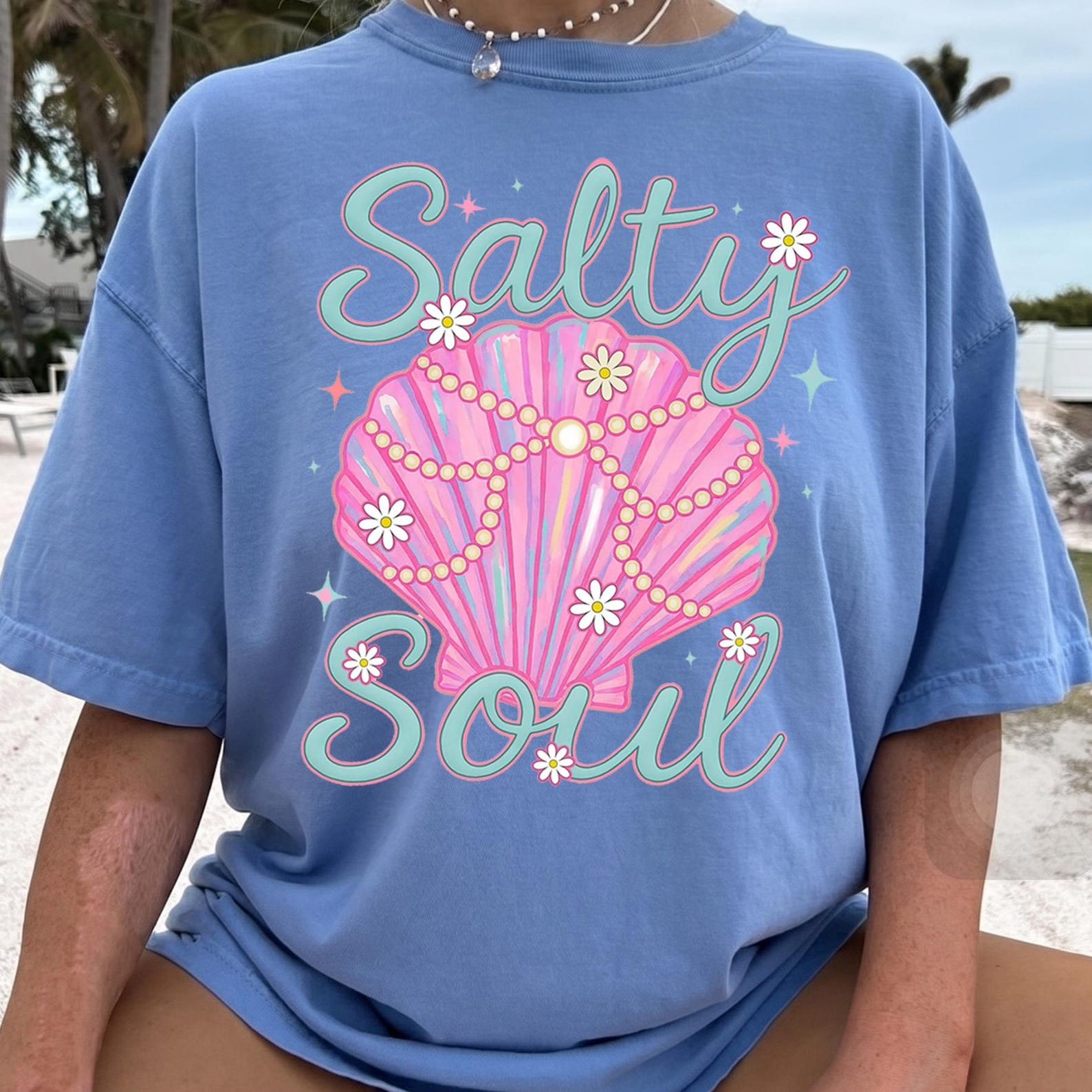 Salty Soul Beach Shirt, Coastal Cowgirl Tee, Pink Seashell Graphic T Shirt, Summer Vacation Beach Vibes Tee, Cute Coastal Gift 3XL