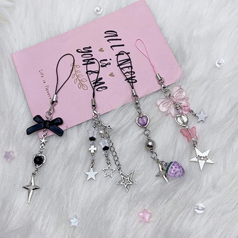 4Pcs Cute Bowknot Star Pendant Phone Charm Y2K Phone Chain Strap Sweet Bag Decoration Lanyards Keychain Accessories