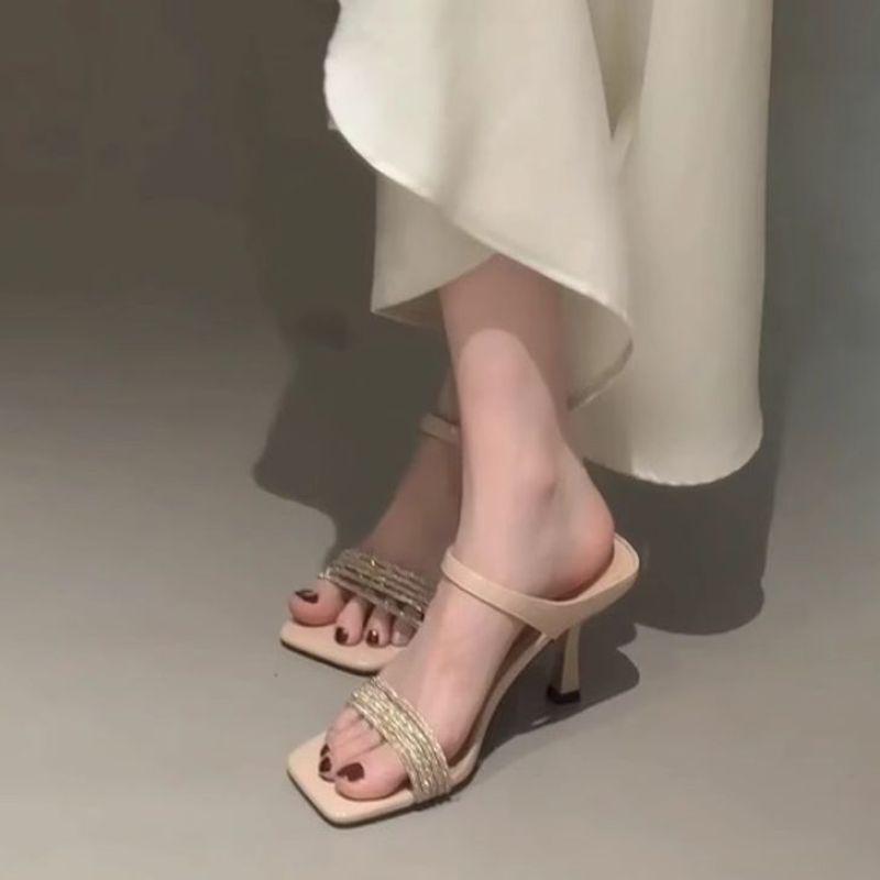 Nude Rhinestone Open-toed Sandals Women's 2025 New Square Head Stiletto with Cool Slippers Temperament Sexy High Heels