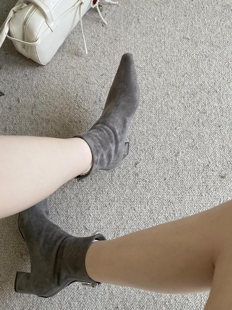 2025 autumn new square head thick heel high heel temperament French fashion suede sexy beautiful women short boots