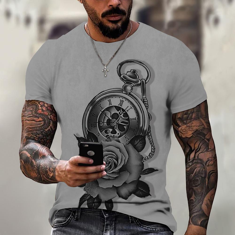 Vintage T Shirt For Men 3D Pocket Watch Print Short Sleeve Tops Street Crew Neck Men's T-shirts Oversized Tee Shirt Man Clothing