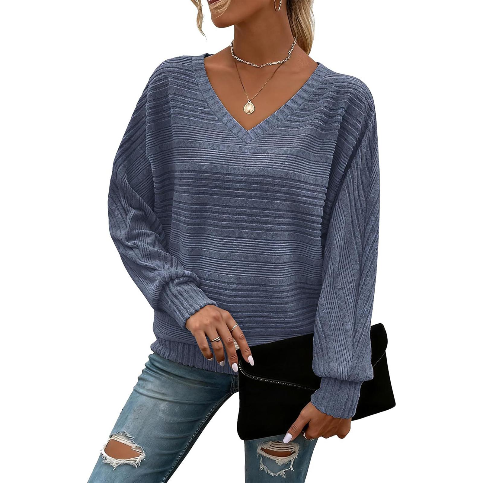 

Women s Fashionable Solid Color V-neck Long Sleeved Casual Loose Top XL
