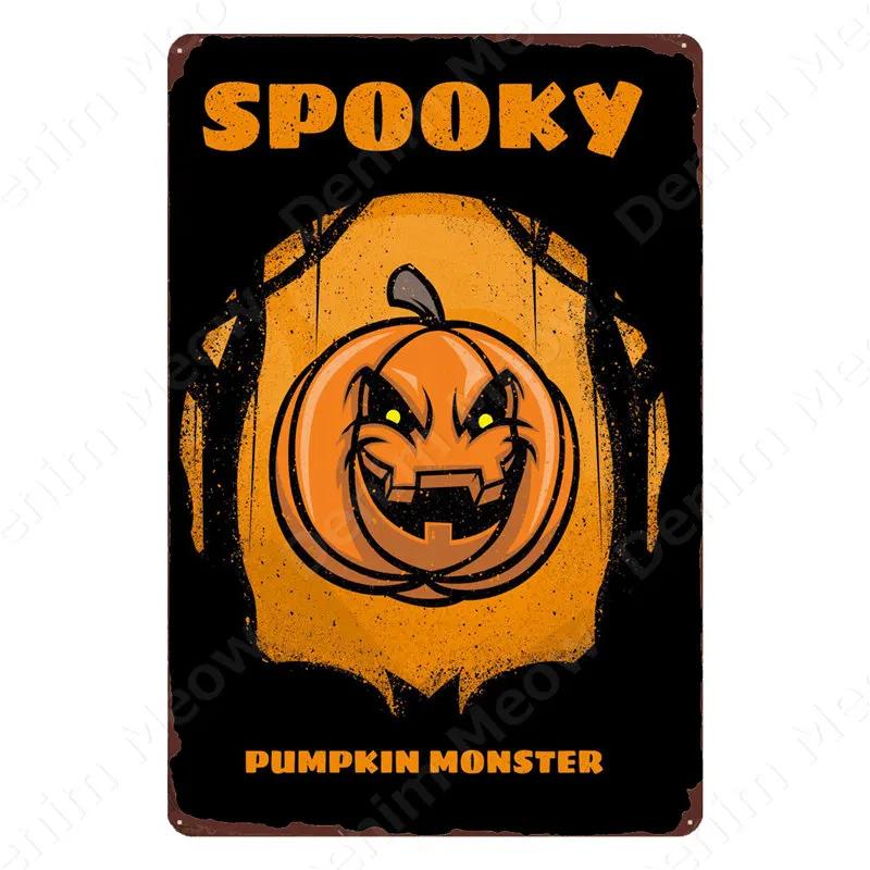 Halloween Party Vintage Metal Tin Sign Trick or Treat Home Bedroom Club Wall Decor Pumpkin Monster Poster Door Decorati