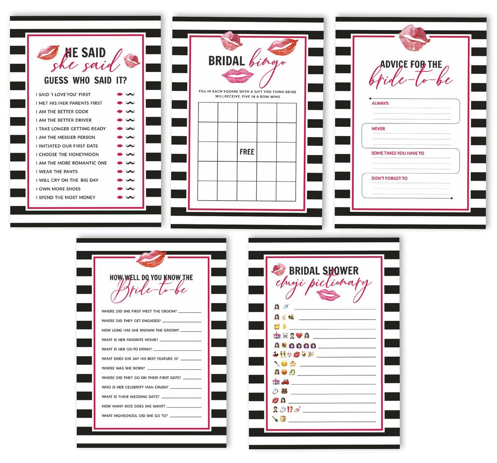 Inkdotpot Striped Theme Bridal Shower Games Set of 5 (Activities for 50 Guests) Fun Bachelorette Party Games Set Bundle
