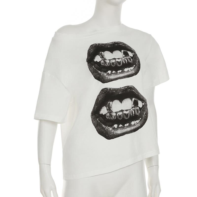 Amerikansk Street Hip Hop Munnprint Løs T-skjorte Dame Personlig Casual Topp