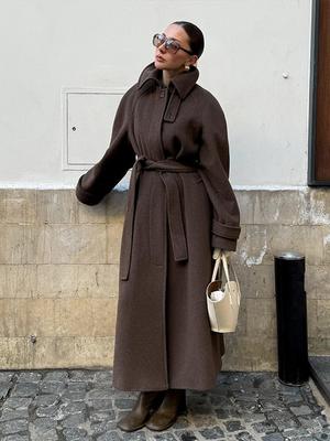 Women's Single Breasted Waistband Waist Cinched Long Woolen Coat Women's Synthetic Woolen Brown Jacket Autumn and Winter