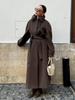 Women's Single Breasted Waistband Waist Cinched Long Woolen Coat Women's Synthetic Woolen Brown Jacket Autumn and Winter