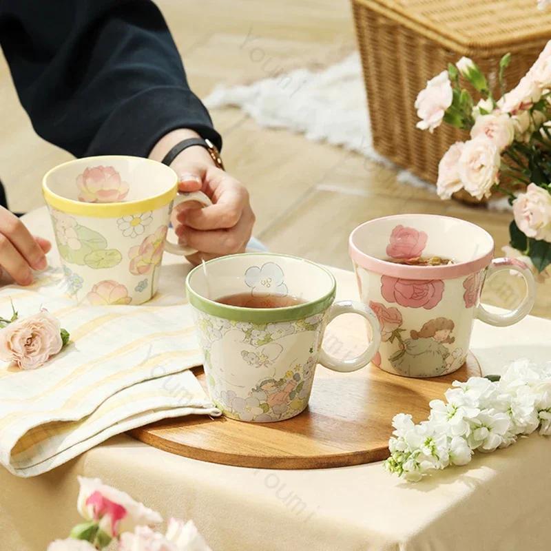 Creative Exquisite Flowers Mugs Light Luxury Restaurants Afternoon Tea Ceramic Coffee Cups Casual Office Cute Water Cup Gifts