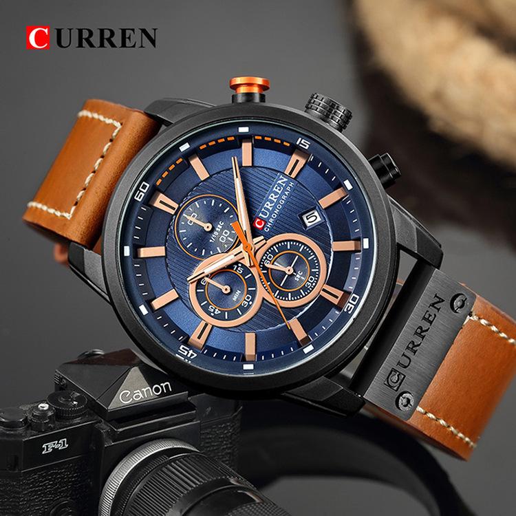 Curren 8291 Men's Multifunctional Leather Strap Watch with Six-Hand Calendar and Large Dial