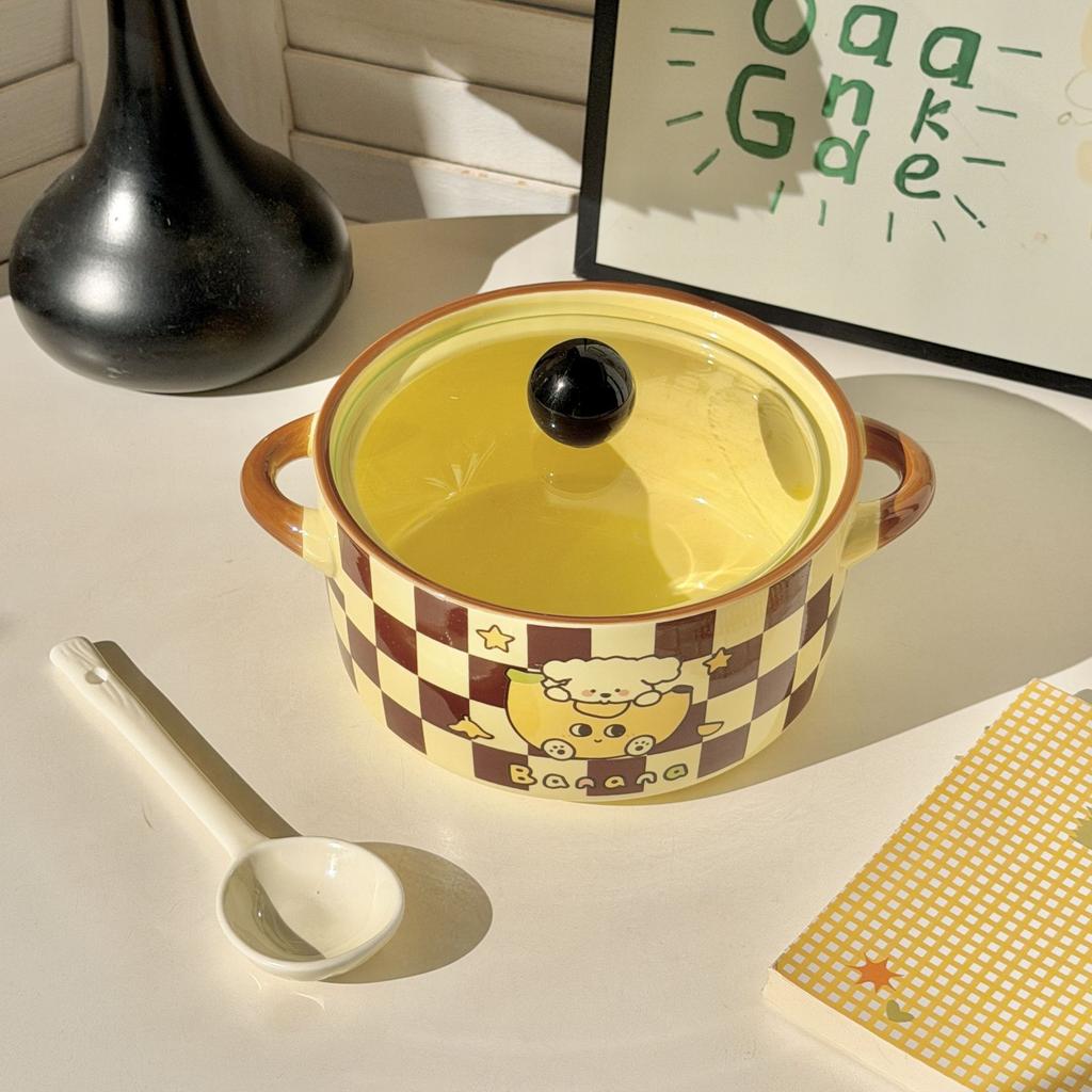 Ins Cream Wind Banana Puppy Binaural Instant Noodle Bowl Student Dormitory Rice Bowl 2025 New Snail Powder Bowl