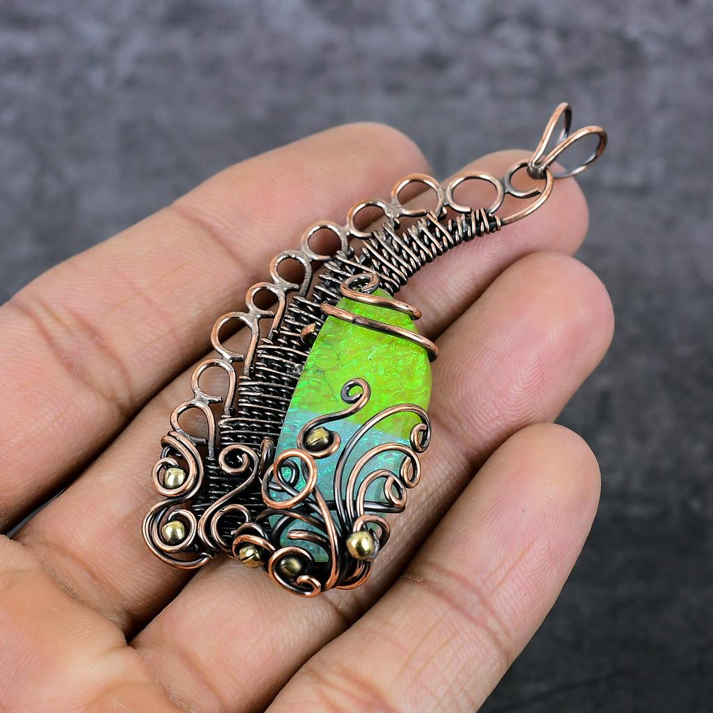 Triplet Opal Handmade Copper Wire Wrap Jewelry Pendant 3.07" E6i63