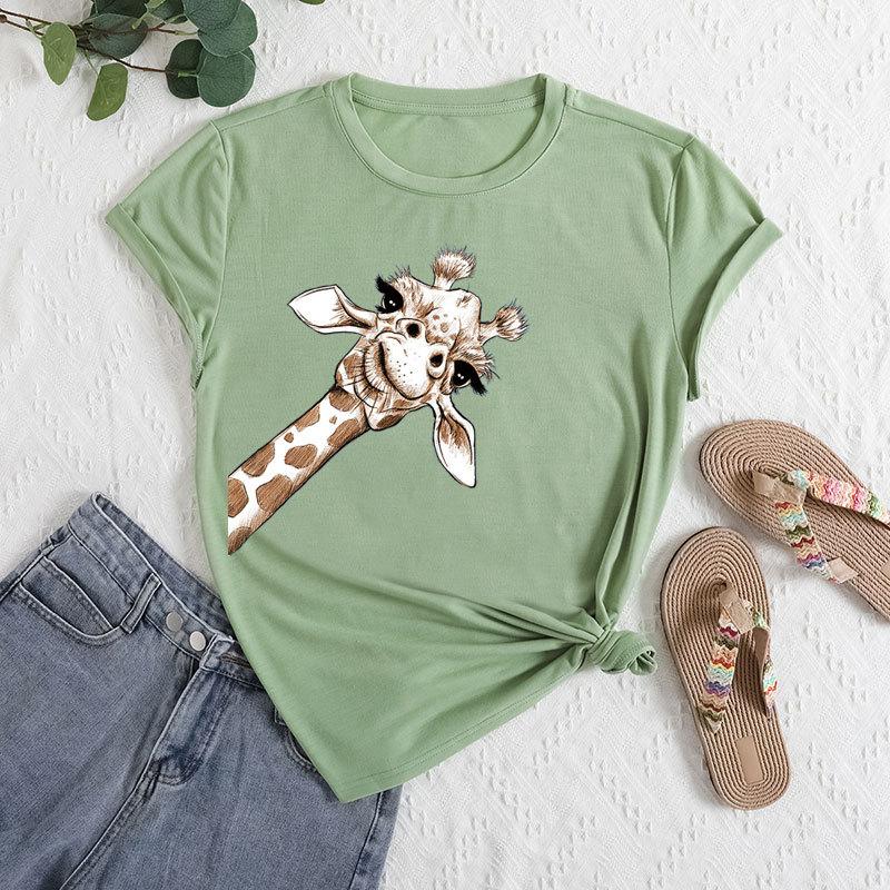 Summer Women's Plus Size Giraffe Print Loose Round Neck Casual Pure Cotton Short Sleeved T-shirts Women's