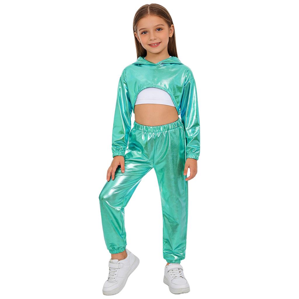 Girls Hip Hop Jazz Dance Costume 3 Piece Set Metallic Cropped Hoodie Sleeveless Keyhole Back Vest Pants
