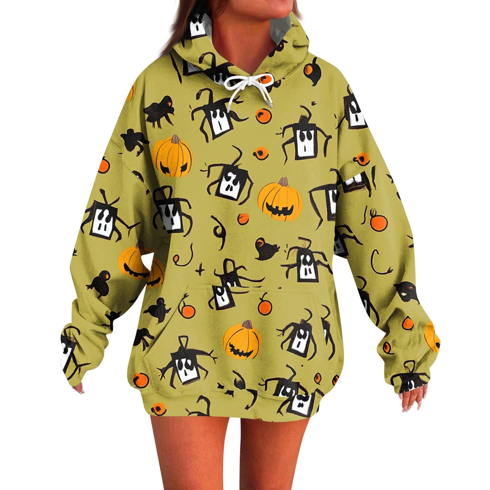 

Женское модное повседневное худи с длинным рукавом и принтом на Хэллоуин S зелёный