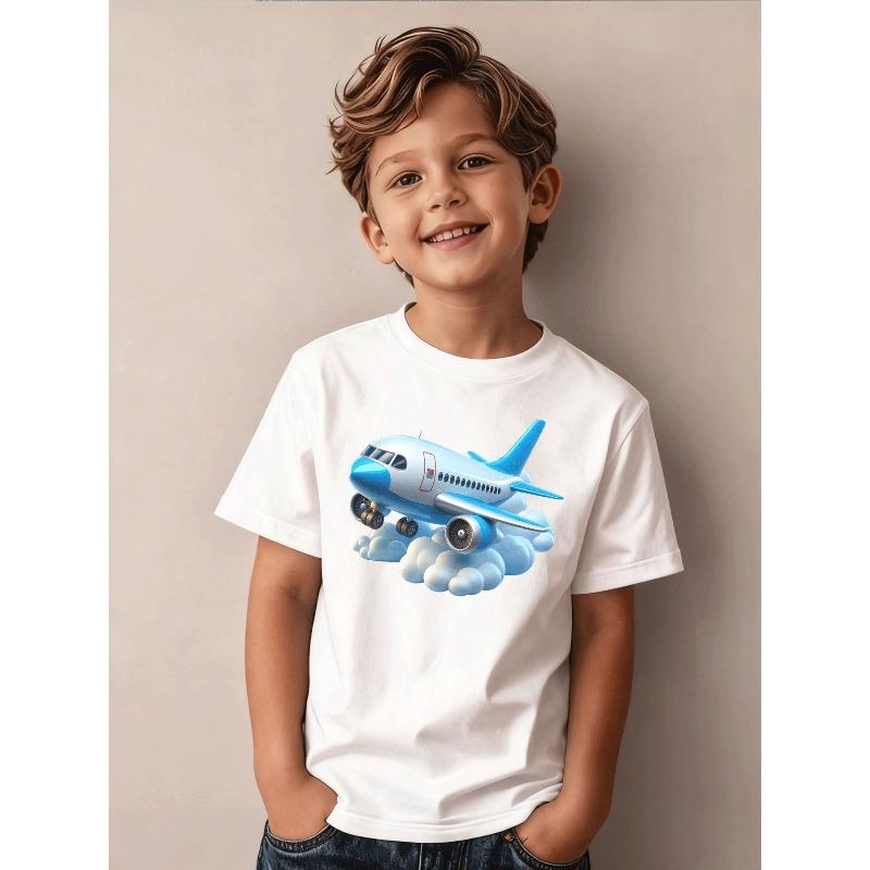 Boys Crew Neck Short Sleeve T-Shirt with Cartoon Airplane Print 110
