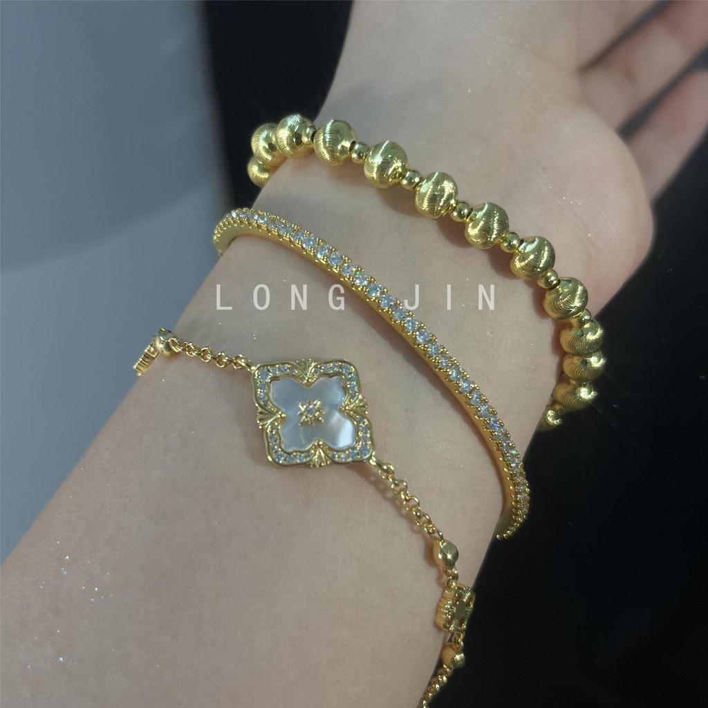 Laser Fritillary Full Diamond Four-Leaf Clover Brushed Bracelet Four-Piece Stacking Wear Explosive Light Luxury Premium Sense Pull-Up Jewelry