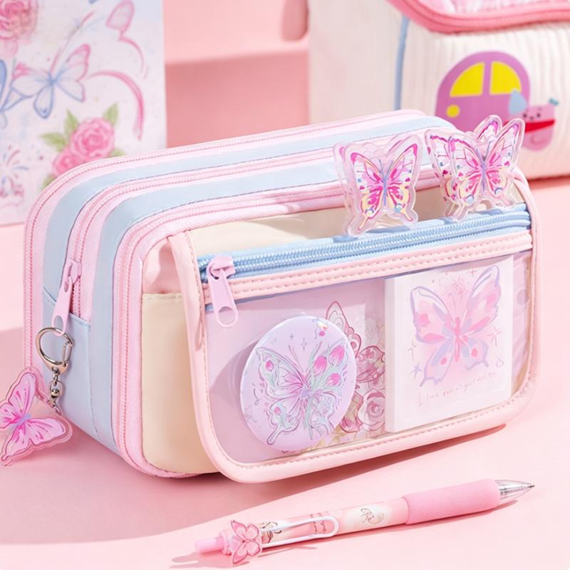 Trousse à crayons motif papillon pastel, Sac à fournitures transparent grande capacité avec plusieurs compartiments