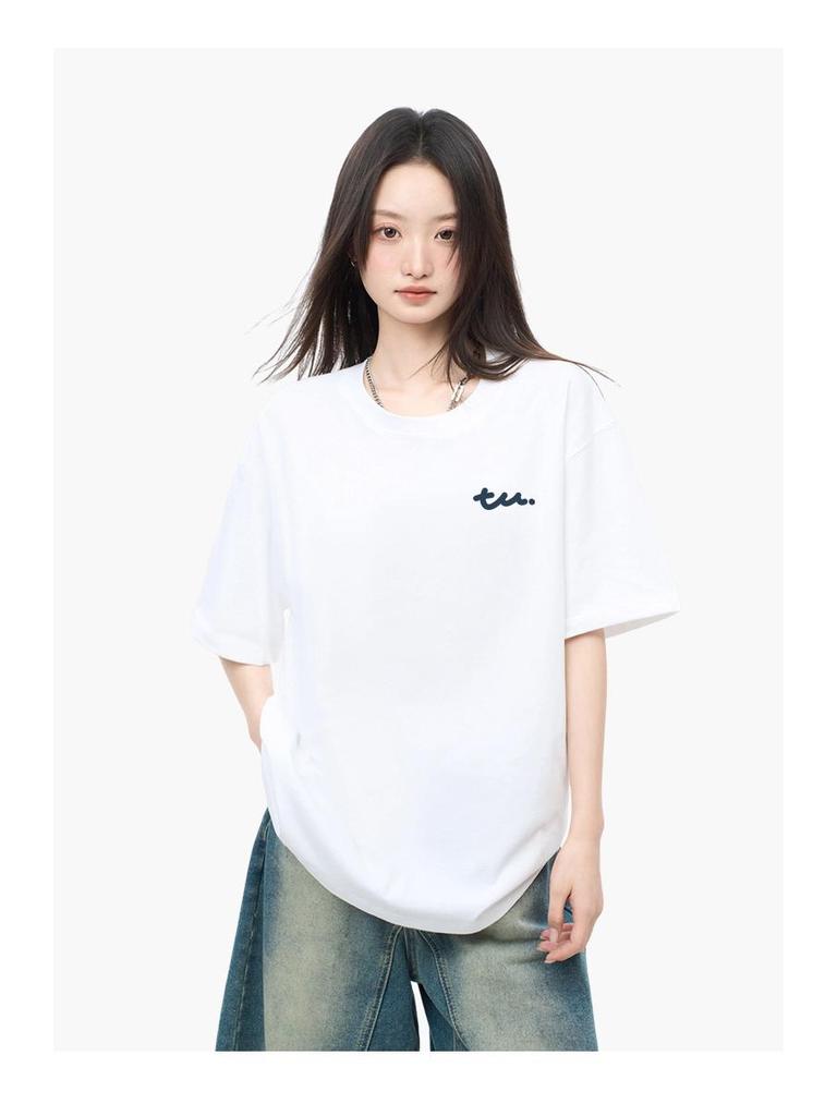 Japanese Minimalist Women's TU Print Cotton T-Shirt - Loose Short Sleeve, Round Neck, Trendy and Versatile Summer Top