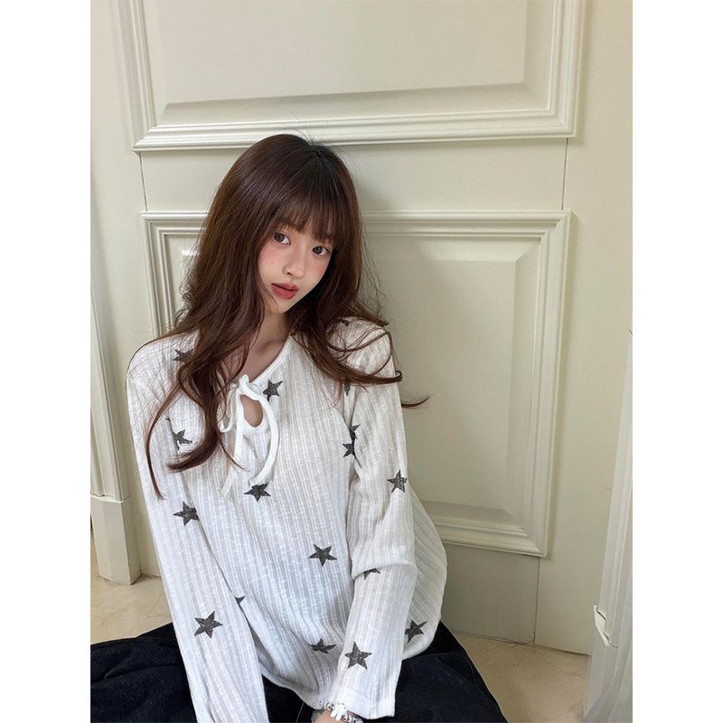 Star Print Lace-up Loose Sunscreen Blouse Women's Long-sleeved Summer New Korean Casual Style Commuter T-shirt Top