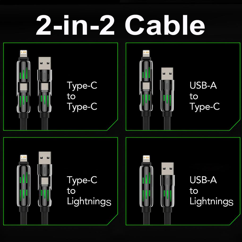 240W LED Light Spring Retractable 4-in-1 Super Fast Charging Cable for Car - iPhone, Samsung, Xiaomi