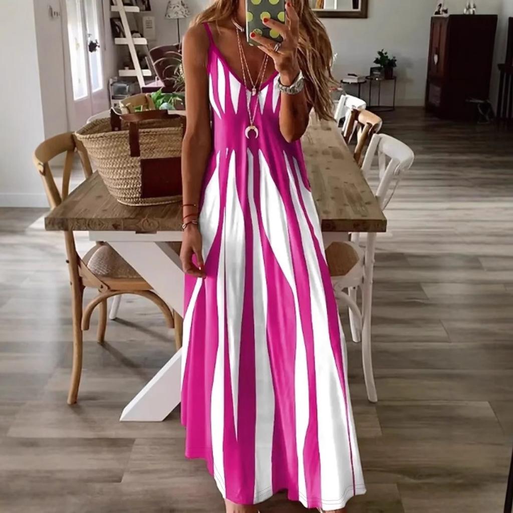 Women Casual Strap V Neck Striped Printed One Piece Dress