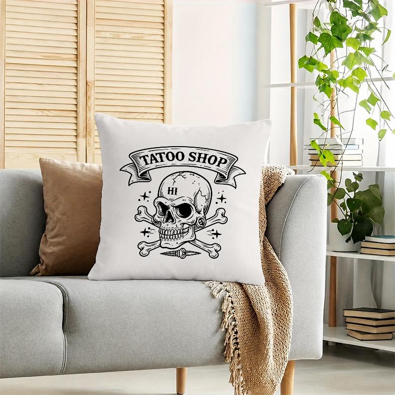 Square Pillowcase - Gothic Style Square Pillowcase with Hip-mounted Skull and Crossed Bones Pattern, Along with a Traditional Tattoo Parlor Flag. Blac