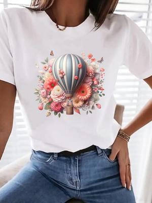 (Aziatische maat) Dames T-shirt Top Mode Kleding T-shirt Vrouw Print bloem aquarelstijl Vrouw Korte Mouw Grafische T-shirts