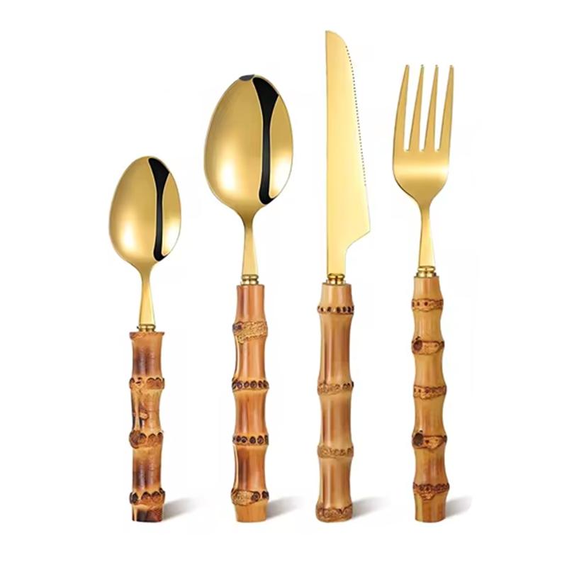 

Набор столовых приборов с ручками из натурального бамбука, столовая посуда из нержавеющей стали, кухонное серебро, столовые приборы, в том числе вилки, ложки, ножи, столовые приборы