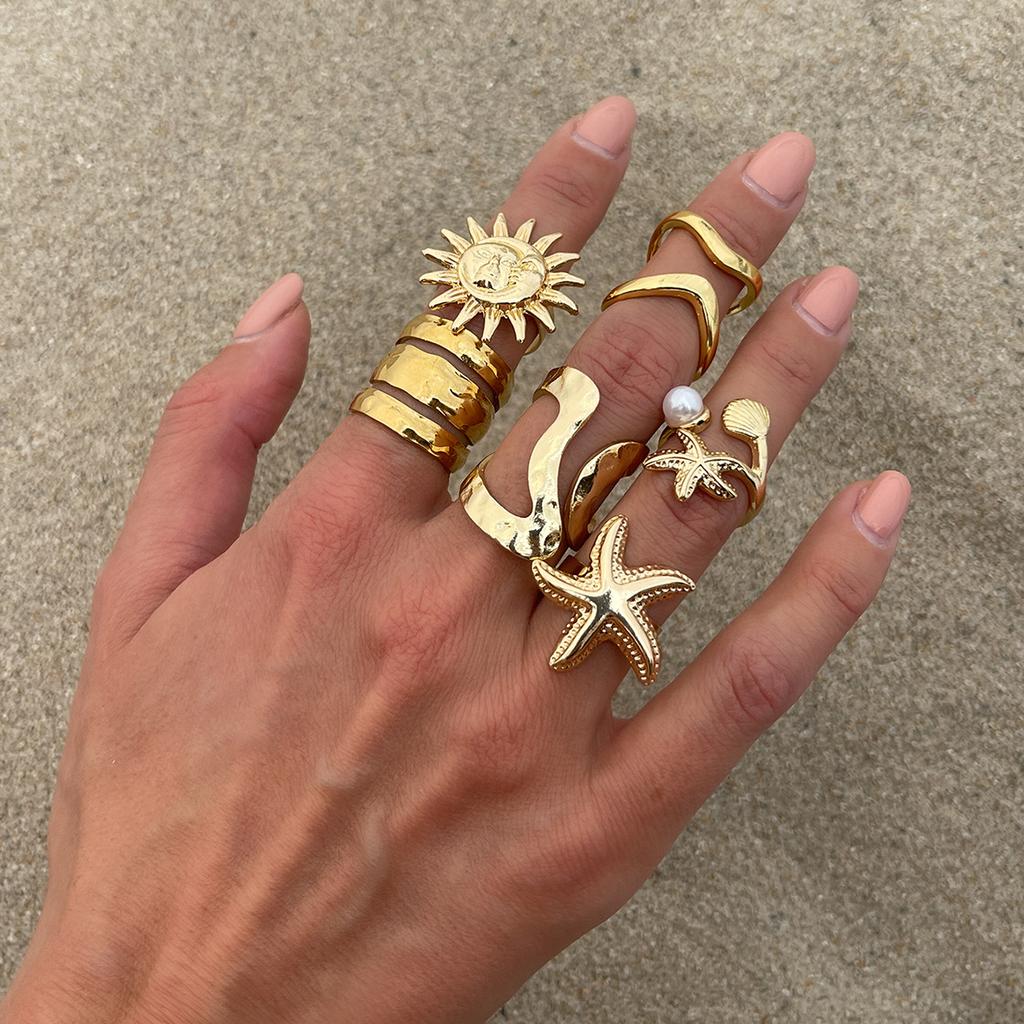 Koude Wind Onregelmatige Edelsteen Ringenset Vrouwelijk, Gepersonaliseerde Metalen Textuur Ring Ringen